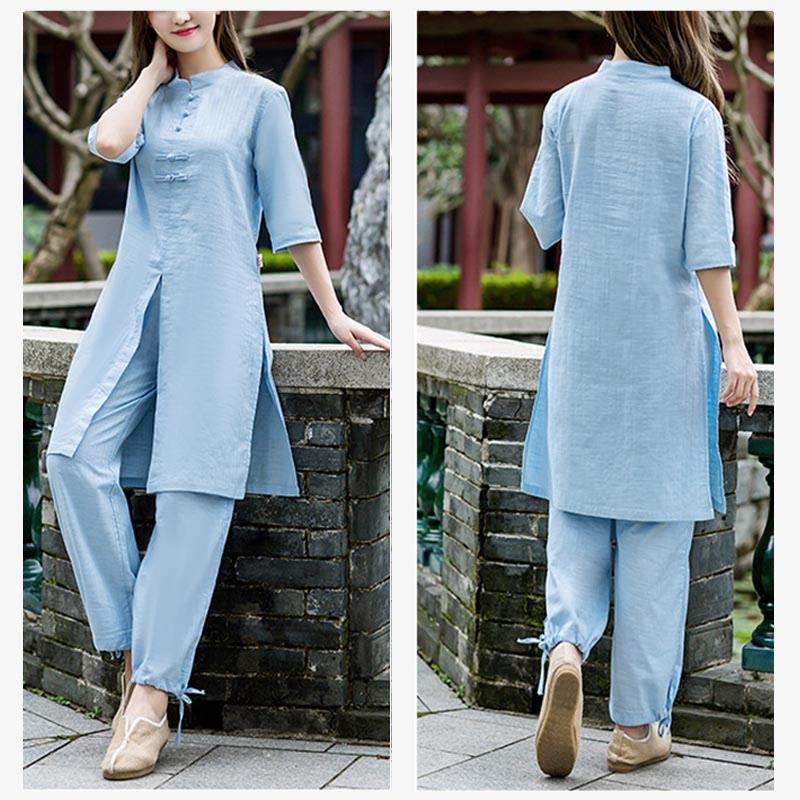 2Pcs Half Sleeve Shirt Top Pants Meditation Zen Tai Chi Linen Clothing Women's Set - Image 17