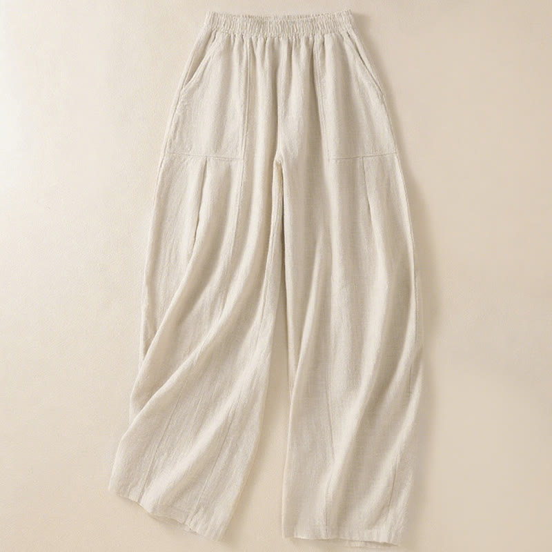 Plain Simple Design High Waist Women's Cotton Linen Harem Pants With Pockets