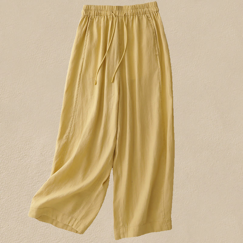 Vintage Pure Color Drawstring Women's Cotton Linen Ankle-Length Pants With Pockets