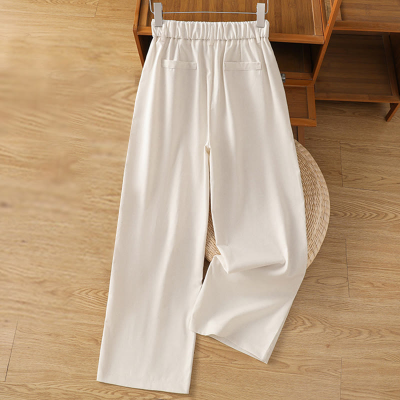 Casual Hollow Lace Waistband Design Women's Cotton Linen Wide Leg Pants With Pockets - Image 8