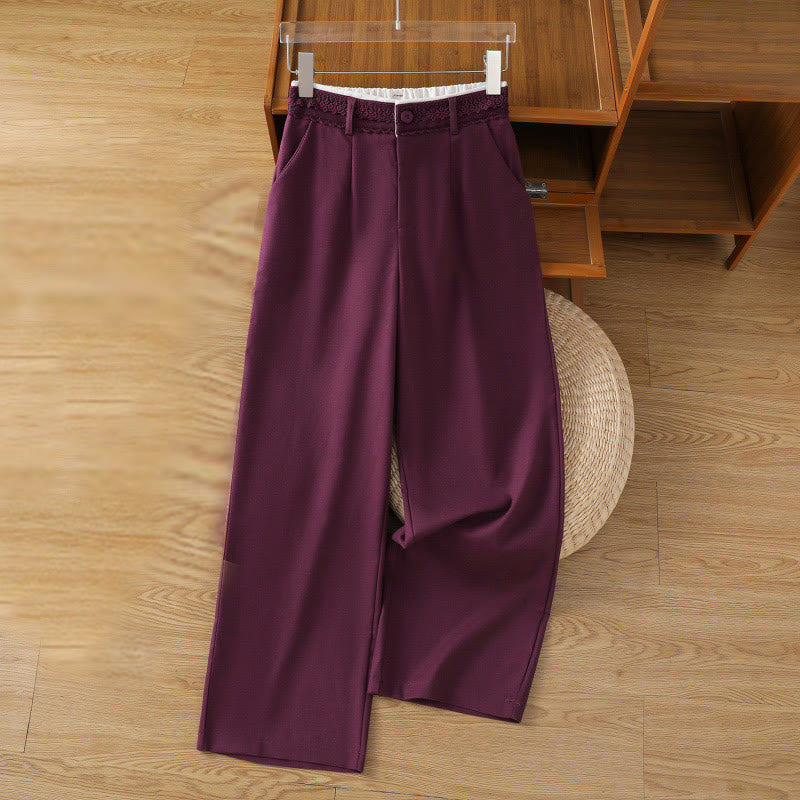 Casual Hollow Lace Waistband Design Women's Cotton Linen Wide Leg Pants With Pockets - Image 20