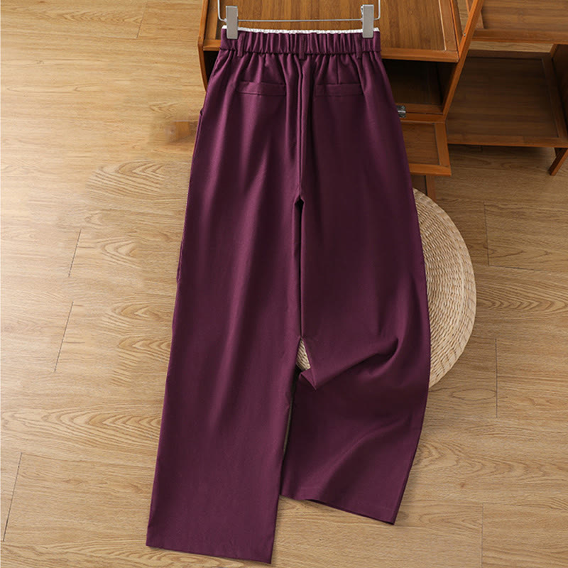 Casual Hollow Lace Waistband Design Women's Cotton Linen Wide Leg Pants With Pockets - Image 21