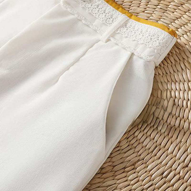 Casual Hollow Lace Waistband Design Women's Cotton Linen Wide Leg Pants With Pockets - Image 37