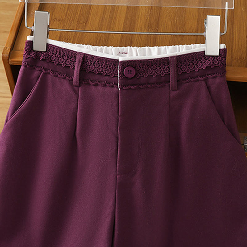 Casual Hollow Lace Waistband Design Women's Cotton Linen Wide Leg Pants With Pockets - Image 23