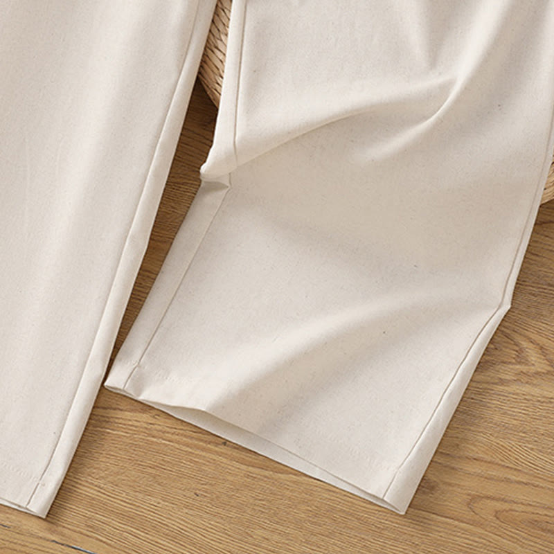 Casual Hollow Lace Waistband Design Women's Cotton Linen Wide Leg Pants With Pockets - Image 12