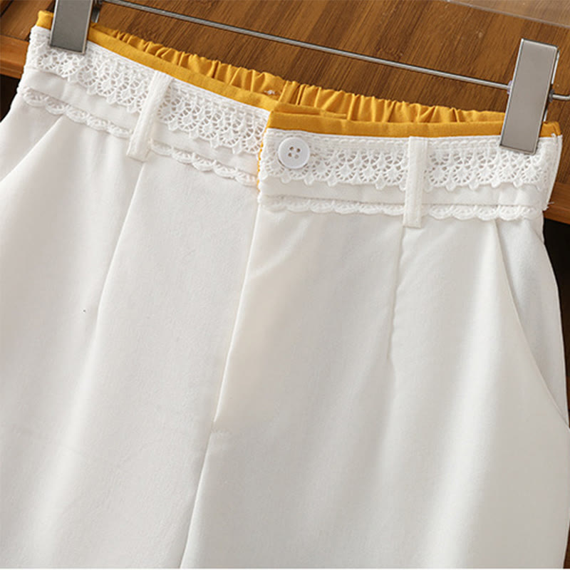 Casual Hollow Lace Waistband Design Women's Cotton Linen Wide Leg Pants With Pockets - Image 29