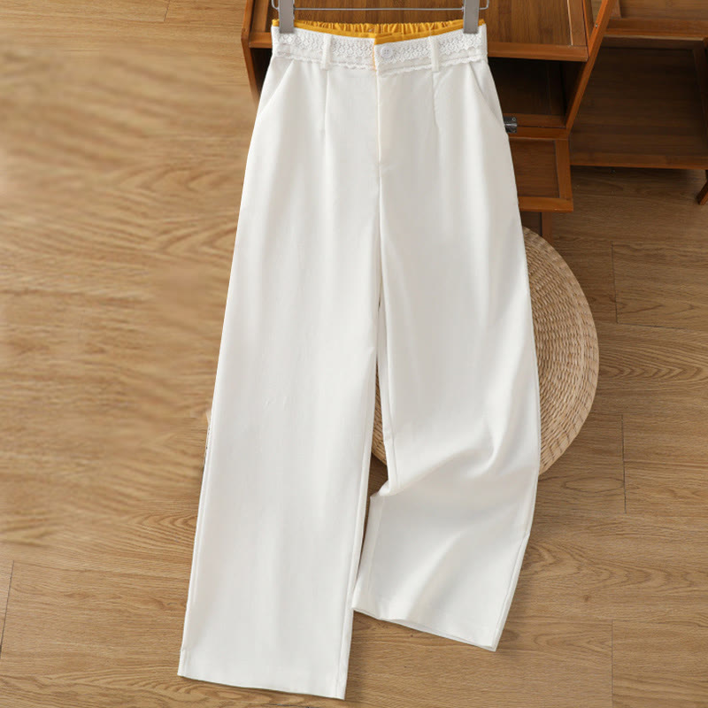 Casual Hollow Lace Waistband Design Women's Cotton Linen Wide Leg Pants With Pockets - Image 27