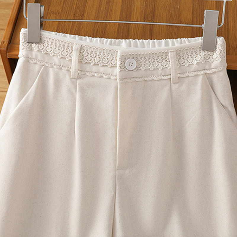 Casual Hollow Lace Waistband Design Women's Cotton Linen Wide Leg Pants With Pockets - Image 10