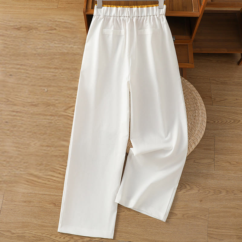 Casual Hollow Lace Waistband Design Women's Cotton Linen Wide Leg Pants With Pockets - Image 28