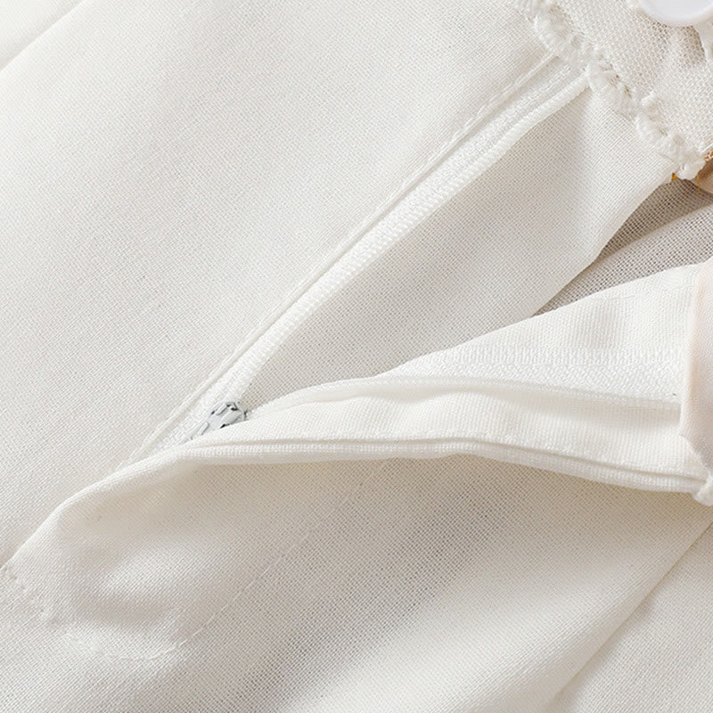 Casual Hollow Lace Waistband Design Women's Cotton Linen Wide Leg Pants With Pockets - Image 35