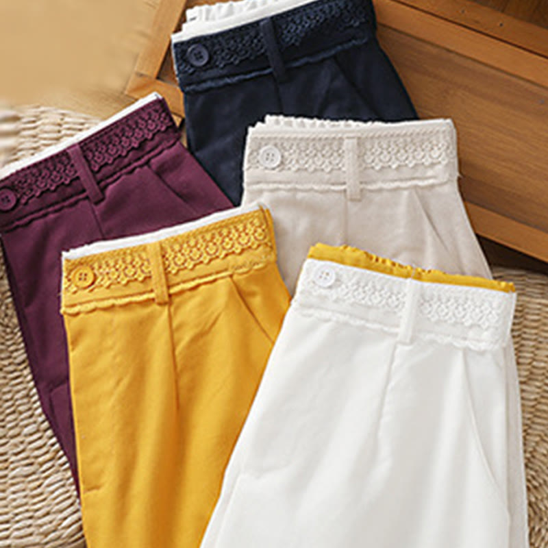 Casual Hollow Lace Waistband Design Women's Cotton Linen Wide Leg Pants With Pockets - Image 40