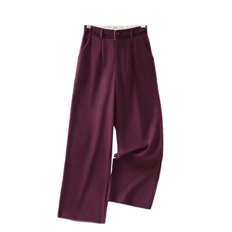 Casual Hollow Lace Waistband Design Women's Cotton Linen Wide Leg Pants With Pockets - Image 26