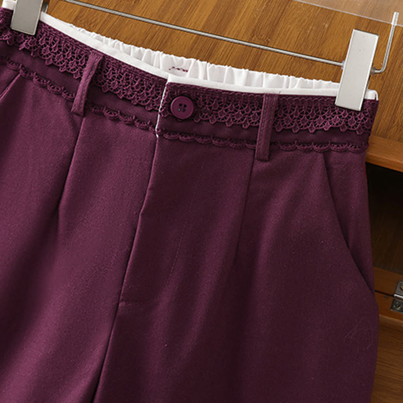 Casual Hollow Lace Waistband Design Women's Cotton Linen Wide Leg Pants With Pockets - Image 22