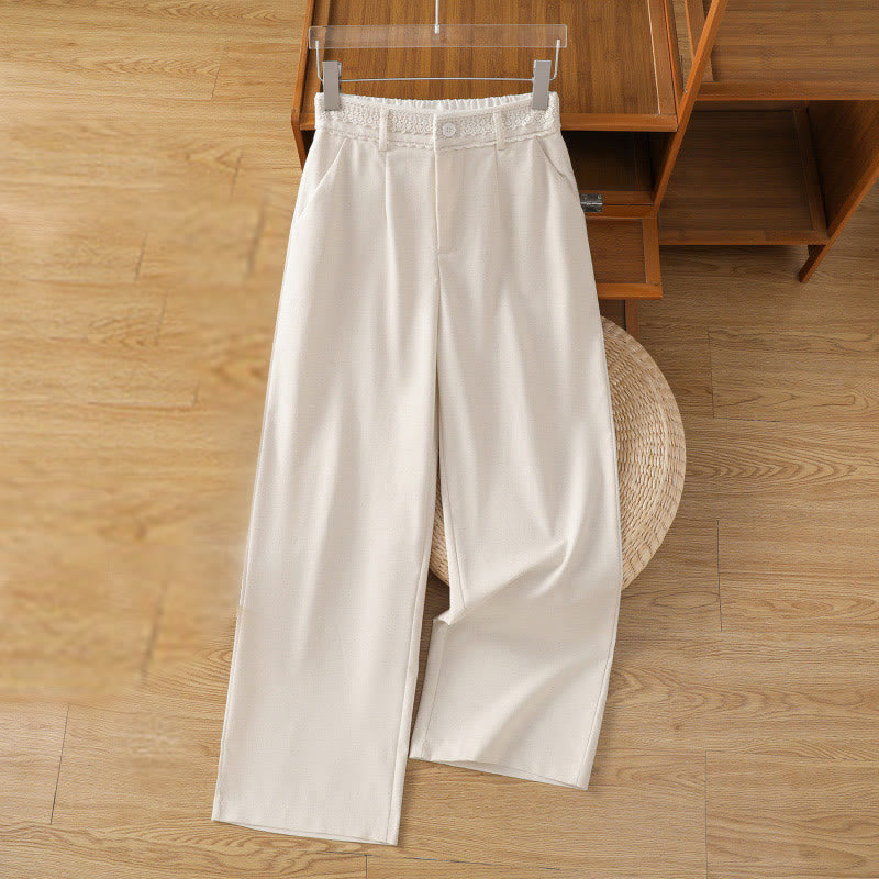 Casual Hollow Lace Waistband Design Women's Cotton Linen Wide Leg Pants With Pockets - Image 7