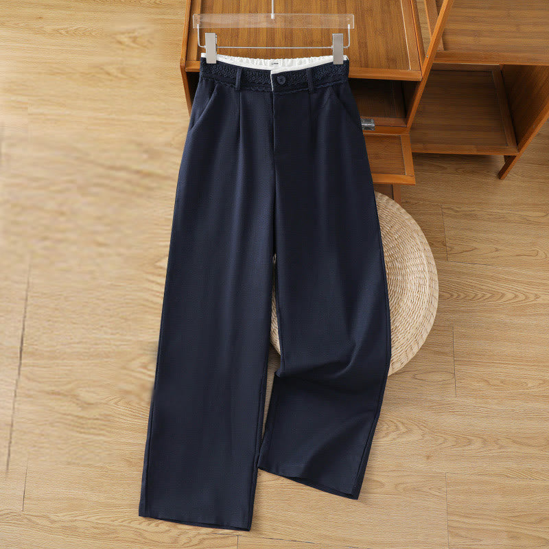 Casual Hollow Lace Waistband Design Women's Cotton Linen Wide Leg Pants With Pockets