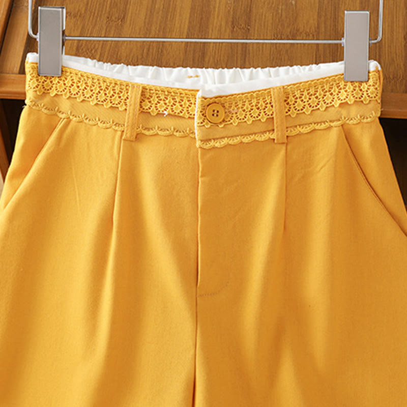 Casual Hollow Lace Waistband Design Women's Cotton Linen Wide Leg Pants With Pockets - Image 16