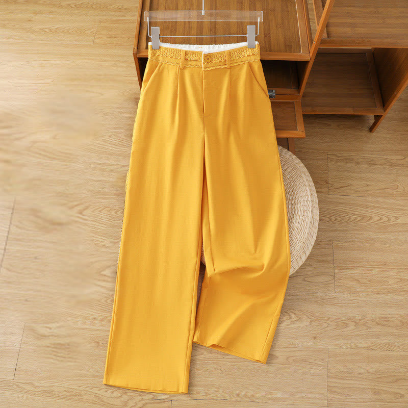 Casual Hollow Lace Waistband Design Women's Cotton Linen Wide Leg Pants With Pockets - Image 14