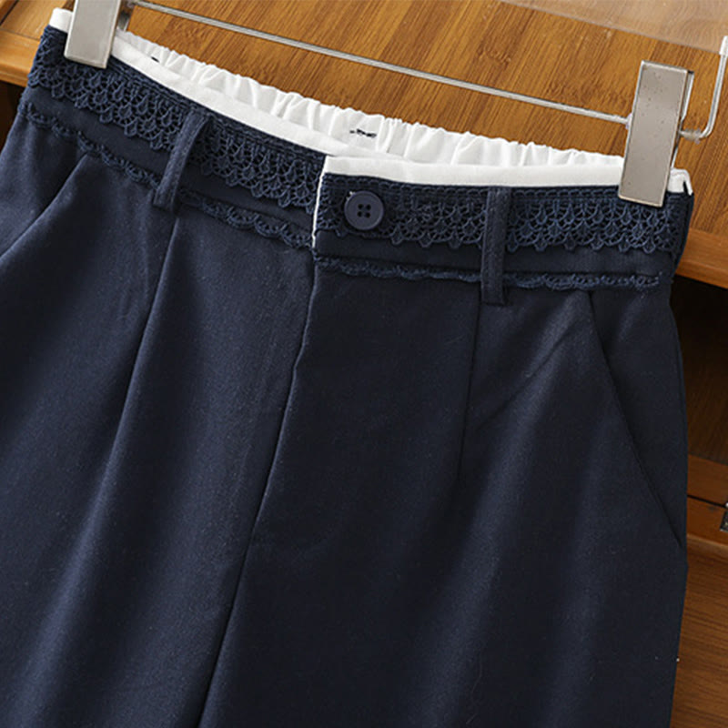 Casual Hollow Lace Waistband Design Women's Cotton Linen Wide Leg Pants With Pockets - Image 3