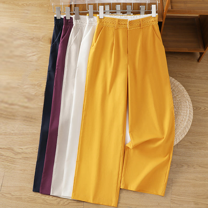 Casual Hollow Lace Waistband Design Women's Cotton Linen Wide Leg Pants With Pockets - Image 39