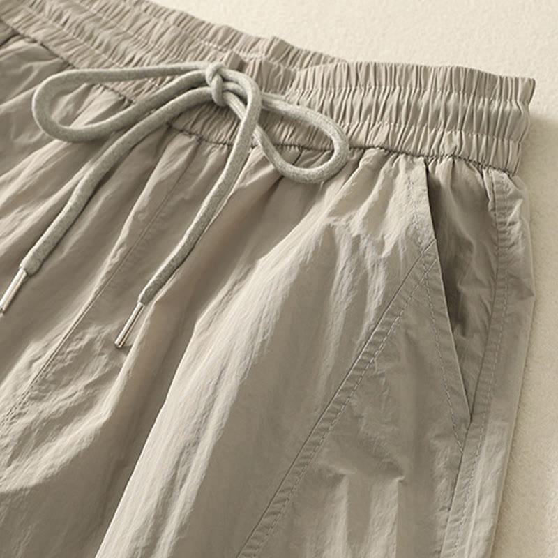 Summer Vintage Plain Drawstring Cuffed Women's Pants With Pockets - Image 3