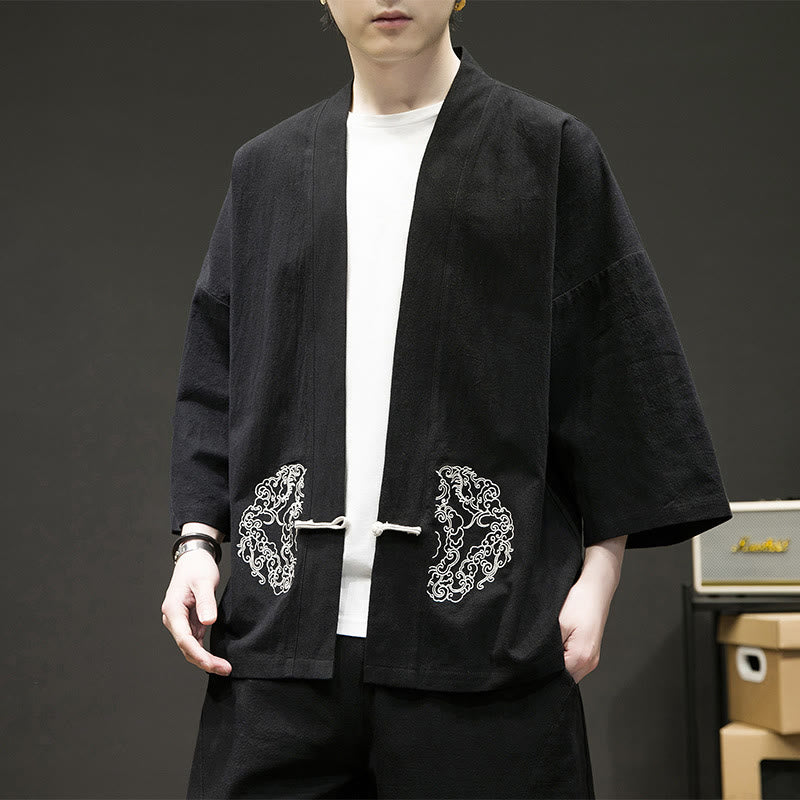 Chinese Frog-Button Design Open Front Jacket Men's Cotton Linen Long Sleeve Kimono