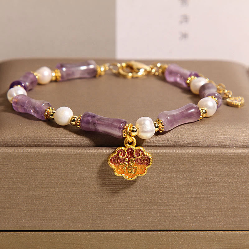 Natural Peace Lock Bamboo Shape Fu Character Amethyst Pearl Balance Bracelet
