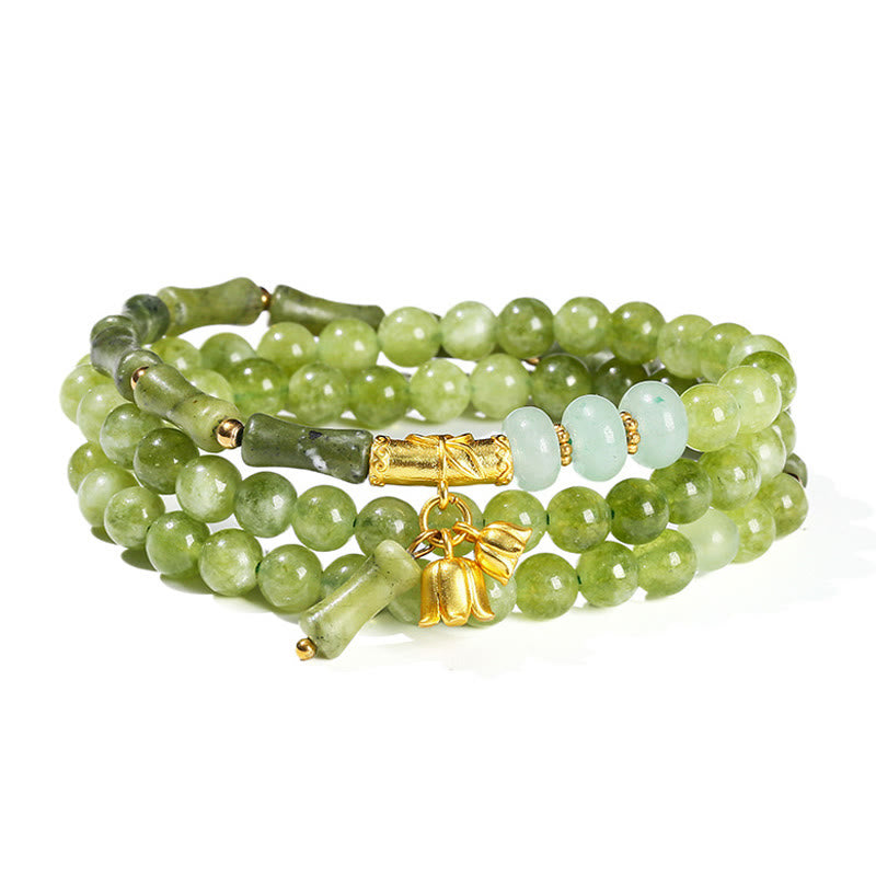 Retro Multilayer Lily of the Valley Bamboo Green Chalcedony Strength Bracelet - Image 8