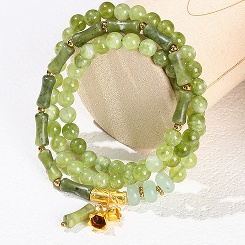 Retro Multilayer Lily of the Valley Bamboo Green Chalcedony Strength Bracelet - Image 5