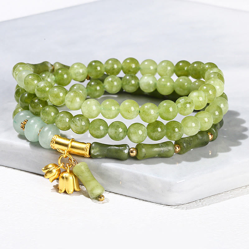 Retro Multilayer Lily of the Valley Bamboo Green Chalcedony Strength Bracelet - Image 7