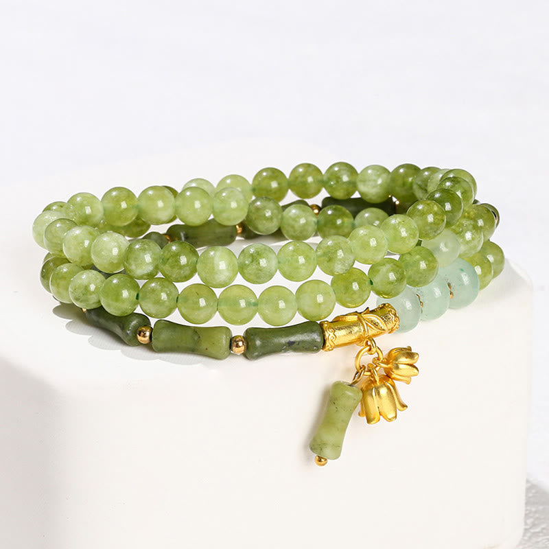 Retro Multilayer Lily of the Valley Bamboo Green Chalcedony Strength Bracelet - Image 4