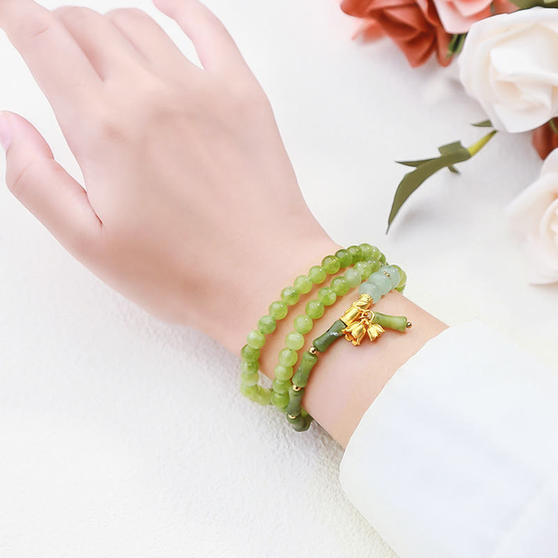 Retro Multilayer Lily of the Valley Bamboo Green Chalcedony Strength Bracelet - Image 9