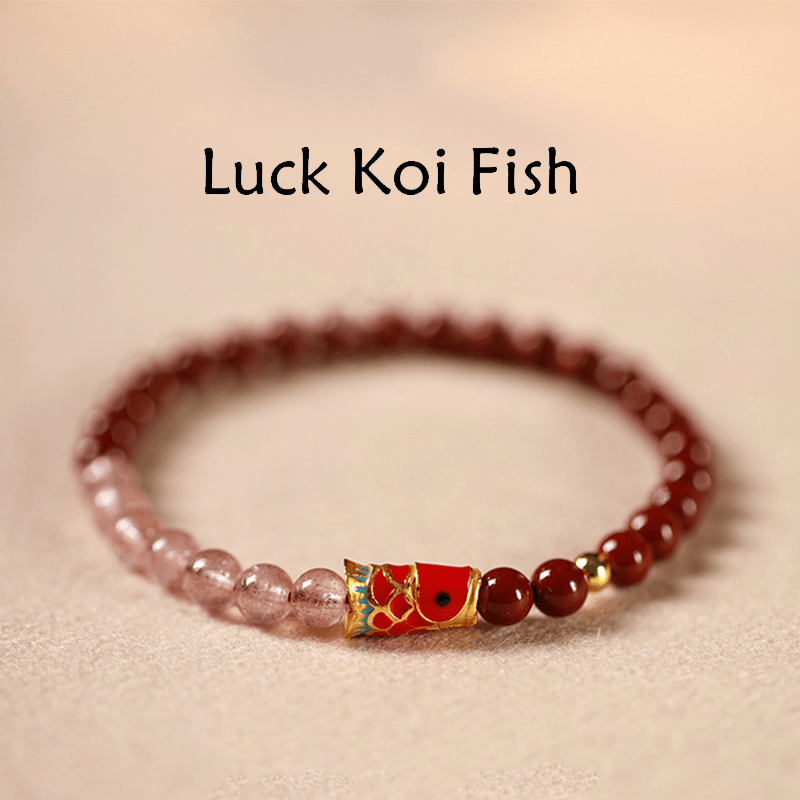 Natural Cinnabar Pink Crystal Strawberry Quartz Lucky Koi Fish Blessing Bracelet