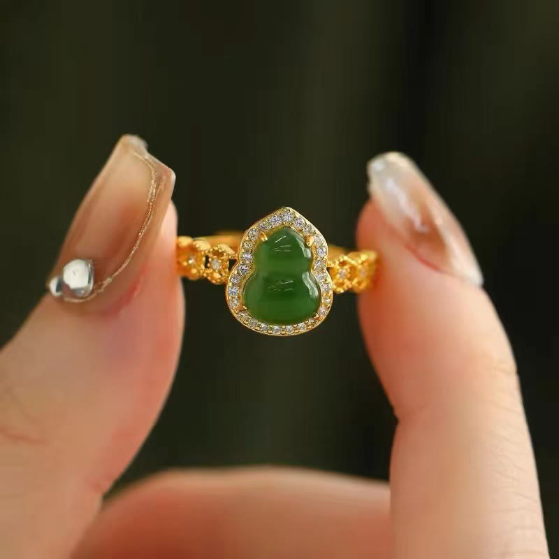 Vintage Gourd Green Chalcedony Copper Plated Gold Adjustable Wealth Ring - Image 11
