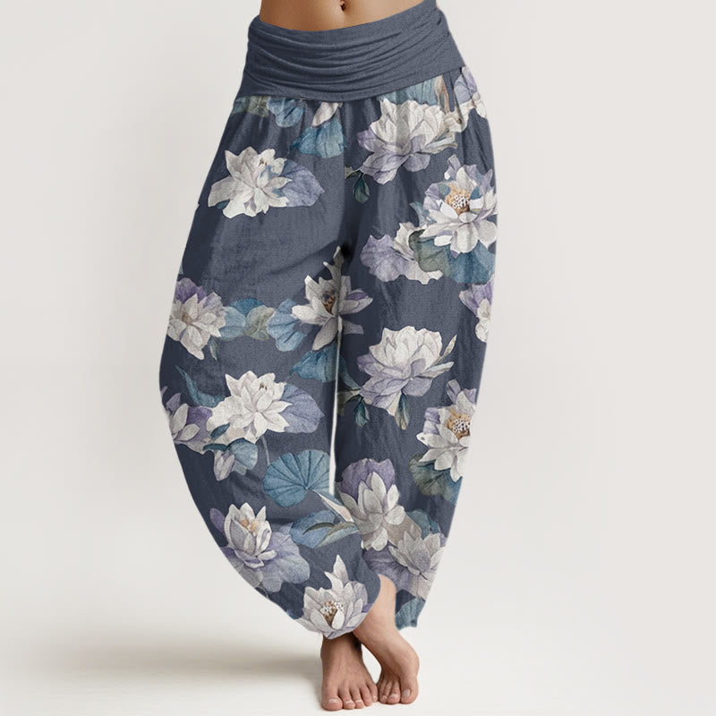 Casual Elegant Lotus Print Design Women's Elastic Waist Harem Pants