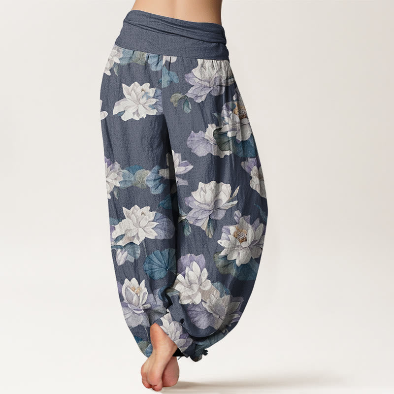 Casual Elegant Lotus Print Design Women's Elastic Waist Harem Pants - Image 3
