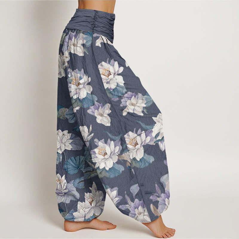 Casual Elegant Lotus Print Design Women's Elastic Waist Harem Pants - Image 2