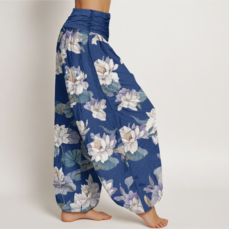 Casual Elegant Lotus Print Design Women's Elastic Waist Harem Pants - Image 6