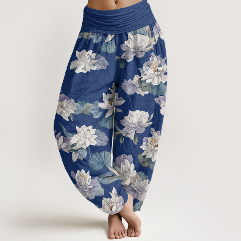 Casual Elegant Lotus Print Design Women's Elastic Waist Harem Pants - Image 5