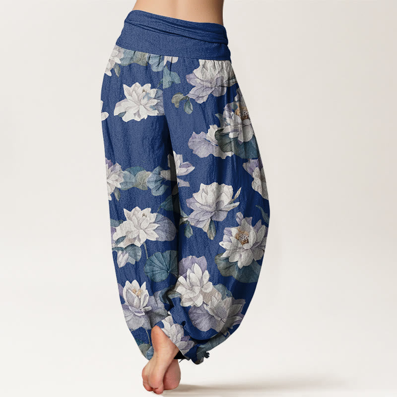 Casual Elegant Lotus Print Design Women's Elastic Waist Harem Pants - Image 7