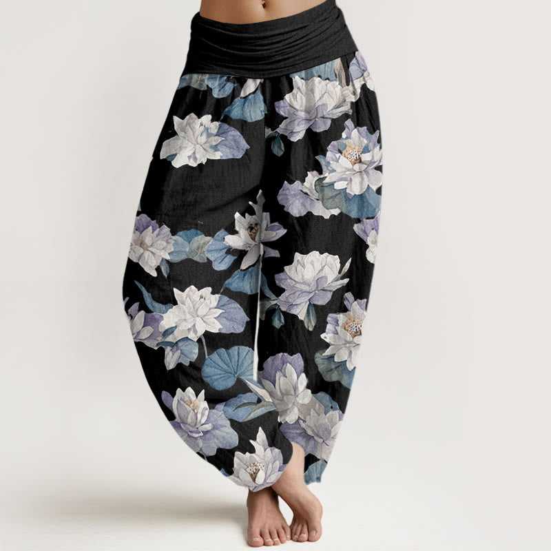 Casual Elegant Lotus Print Design Women's Elastic Waist Harem Pants - Image 8