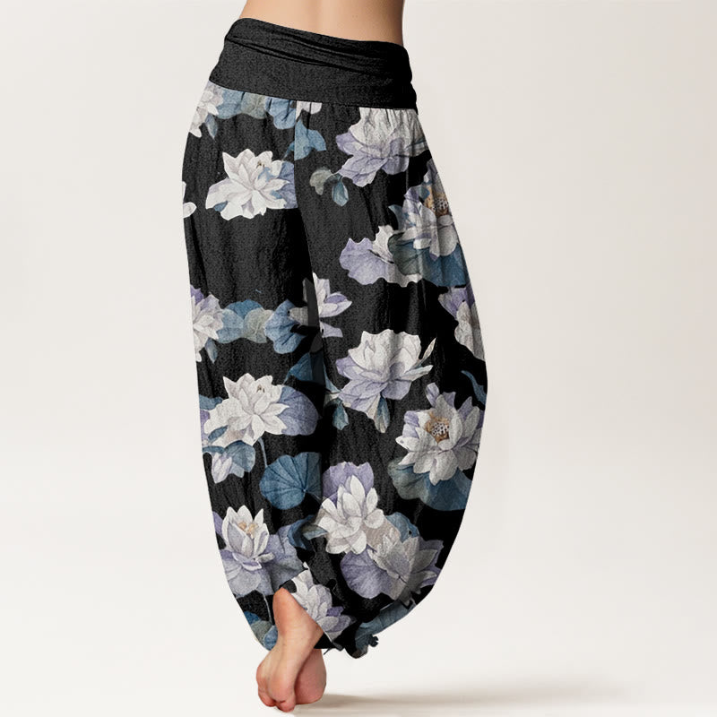 Casual Elegant Lotus Print Design Women's Elastic Waist Harem Pants - Image 10