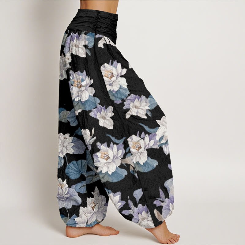 Casual Elegant Lotus Print Design Women's Elastic Waist Harem Pants - Image 9