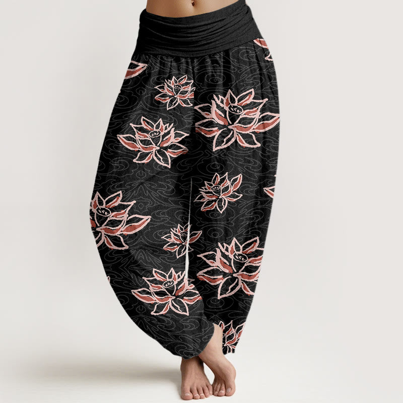 Casual Lotus Line Pattern Women's Elastic Waist Harem Pants