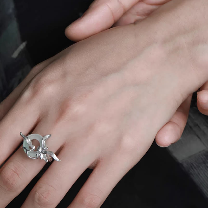 925 Sterling Silver Iris Design Peace Buckle Quartzite Jade Balance Ring - Image 10