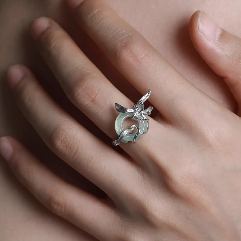 925 Sterling Silver Iris Design Peace Buckle Quartzite Jade Balance Ring - Image 5