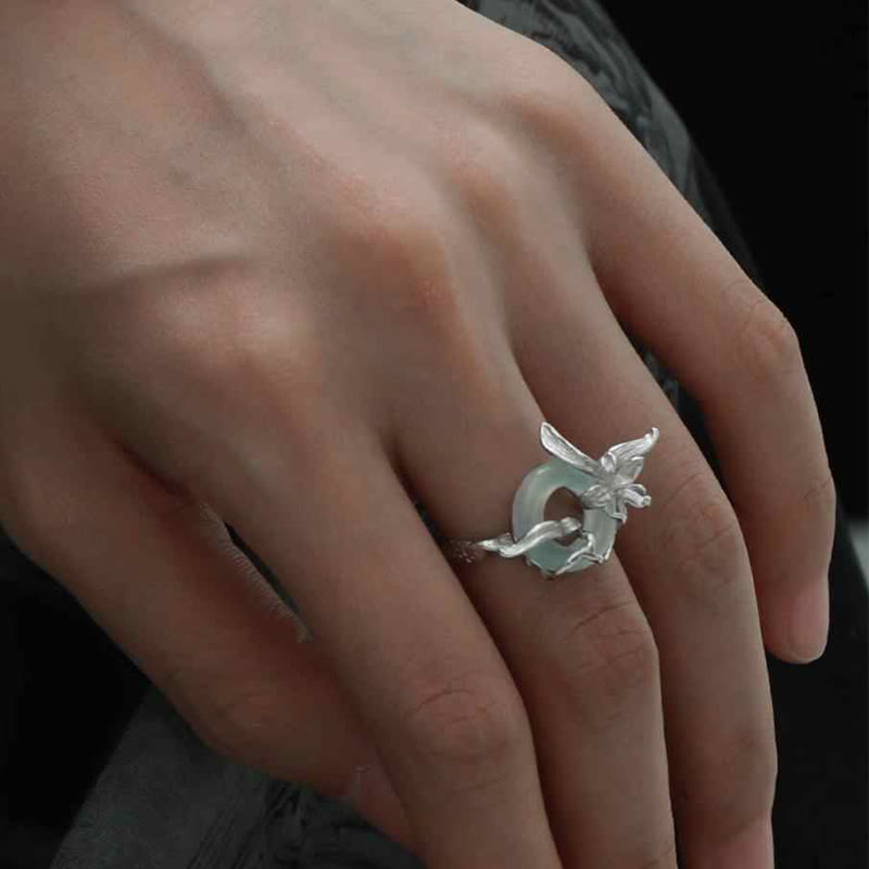 925 Sterling Silver Iris Design Peace Buckle Quartzite Jade Balance Ring - Image 3