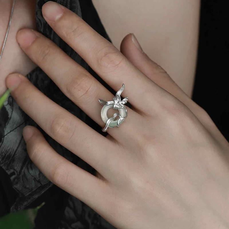 925 Sterling Silver Iris Design Peace Buckle Quartzite Jade Balance Ring - Image 9