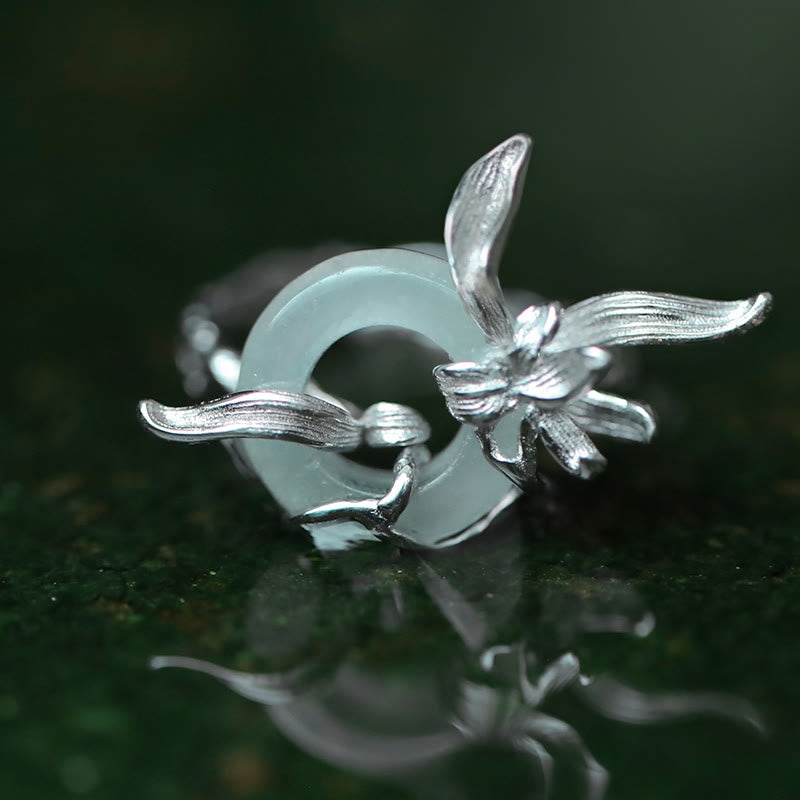 925 Sterling Silver Iris Design Peace Buckle Quartzite Jade Balance Ring