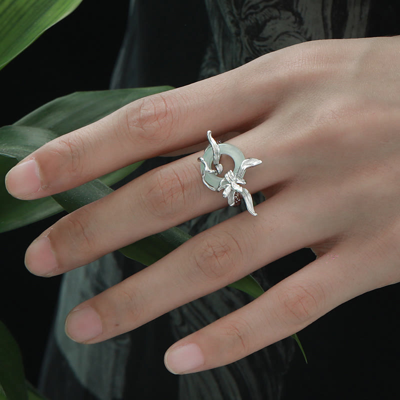 925 Sterling Silver Iris Design Peace Buckle Quartzite Jade Balance Ring - Image 4