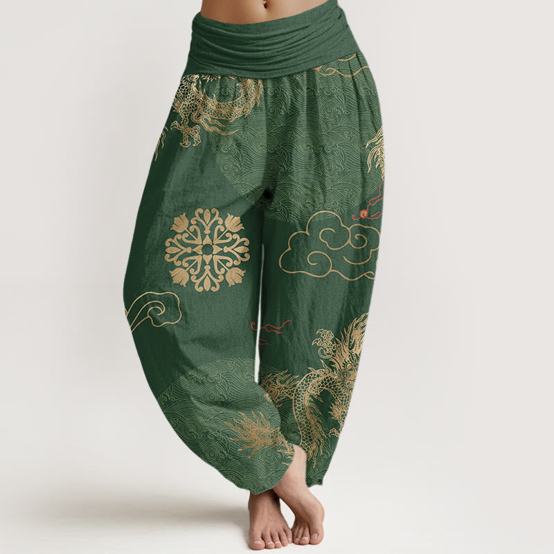 Casual Golden Dragon And Auspicious Cloud Pattern Women's Elastic Waist Harem Pants